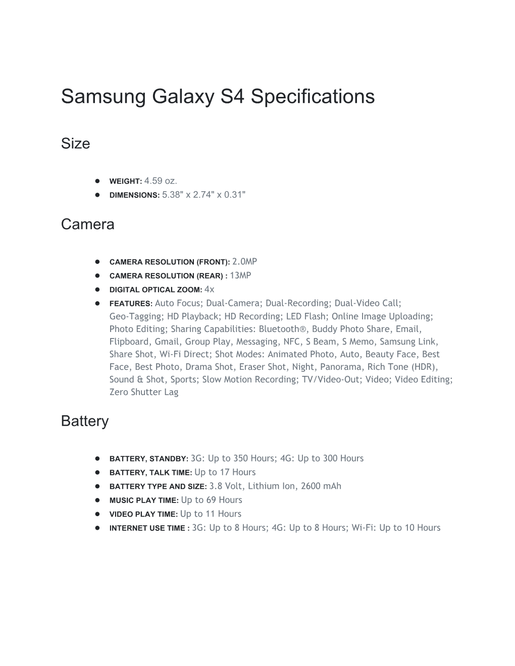 Samsung Galaxy S4 Specifications