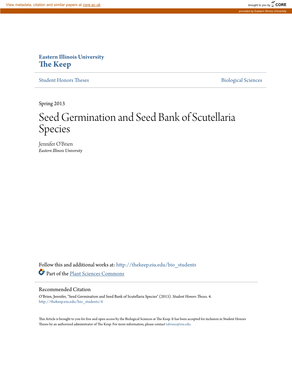 Seed Germination and Seed Bank of Scutellaria Species Jennifer O'brien Eastern Illinois University