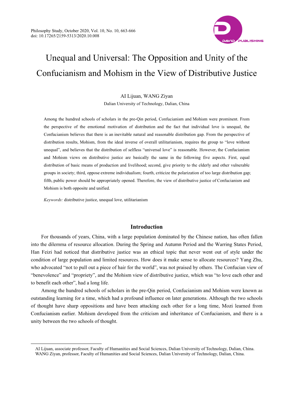 Unequal and Universal: the Opposition and Unity of the Confucianism and Mohism in the View of Distributive Justice