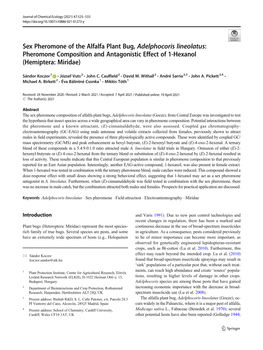 Sex Pheromone of the Alfalfa Plant Bug, Adelphocoris Lineolatus: Pheromone Composition and Antagonistic Effect of 1-Hexanol (Hemiptera: Miridae)
