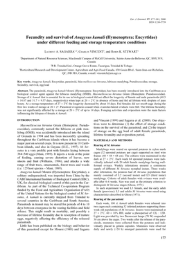 Fecundity and Survival of Anagyrus Kamali (Hymenoptera: Encyrtidae