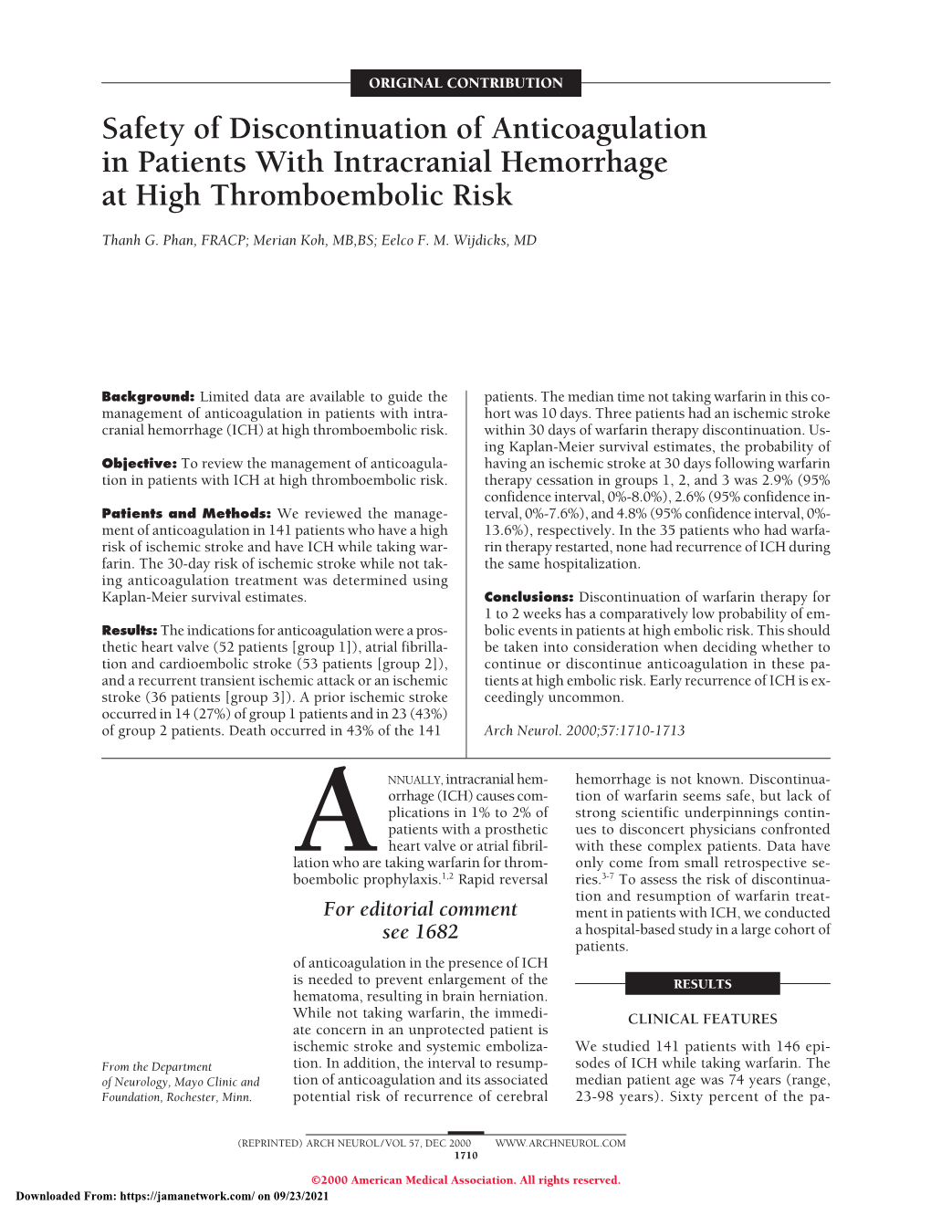 Safety of Discontinuation of Anticoagulation in Patients with Intracranial Hemorrhage at High Thromboembolic Risk