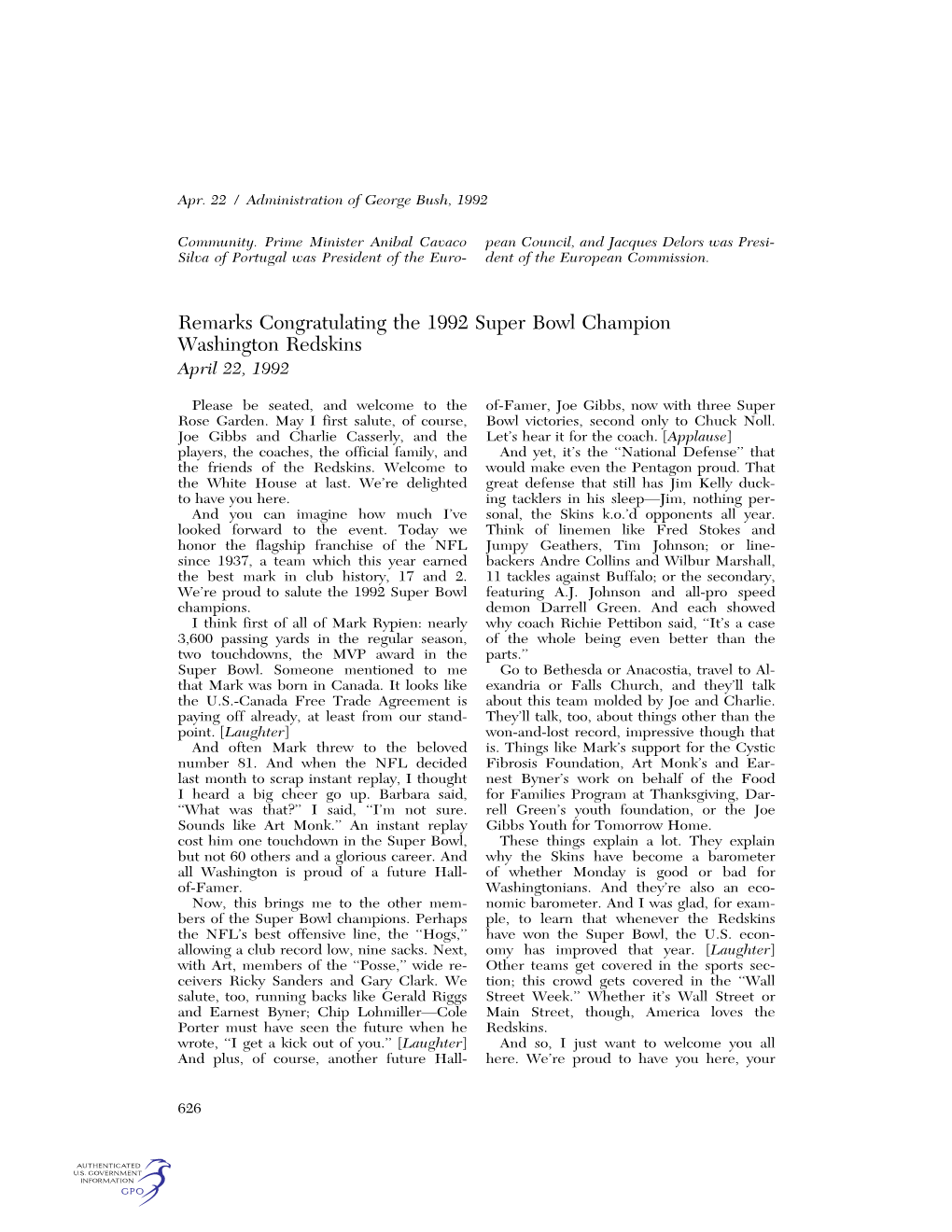 Remarks Congratulating the 1992 Super Bowl Champion Washington Redskins April 22, 1992