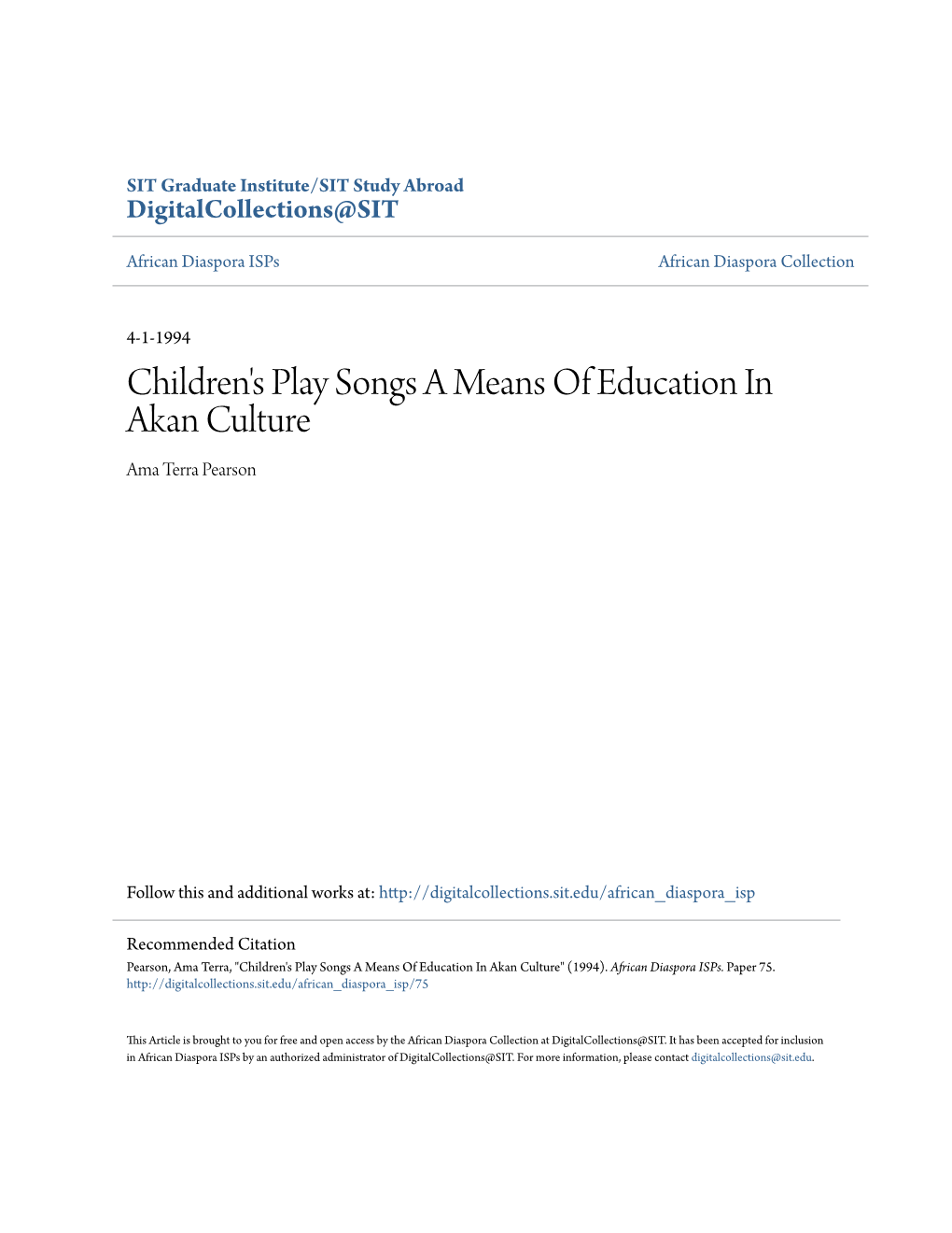 Children's Play Songs a Means of Education in Akan Culture Ama Terra Pearson
