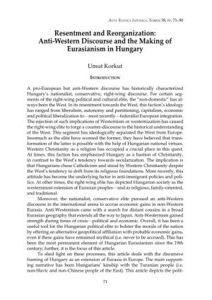 Anti-Western Discourse and the Making of Eurasianism in Hungary