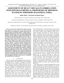 Assessment of Heavy Metals in Correlation with Physico-Chemical Properties of Drinking Water of Northern Rajasthan, India
