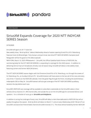 Siriusxm Expands Coverage for 2020 NTT INDYCAR SERIES Season
