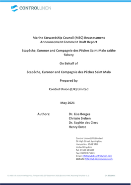 Marine Stewardship Council (MSC) Reassessment Announcement Comment Draft Report