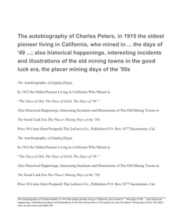 The Autobiography of Charles Peters, in 1915 the Oldest Pioneer Living in California, Who Mined in