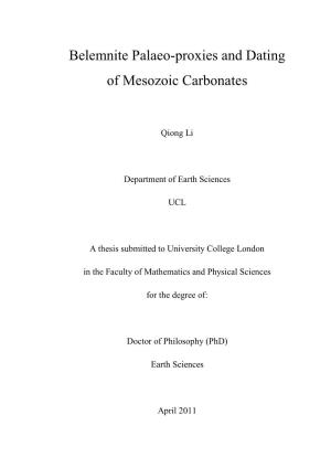 Belemnite Palaeo-Proxies and Dating of Mesozoic Carbonates