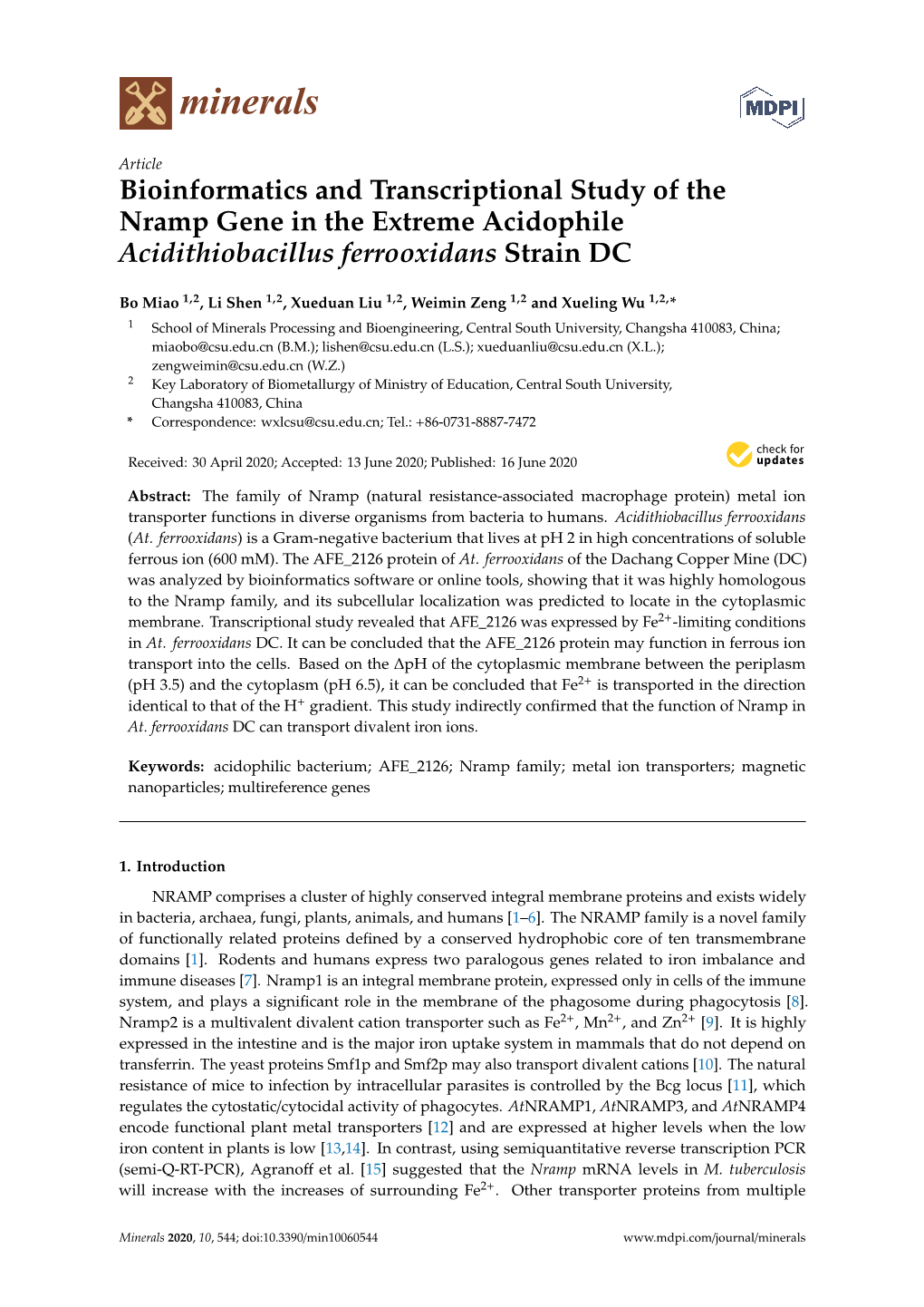 Bioinformatics and Transcriptional Study of the Nramp Gene in the Extreme Acidophile Acidithiobacillus Ferrooxidans Strain DC