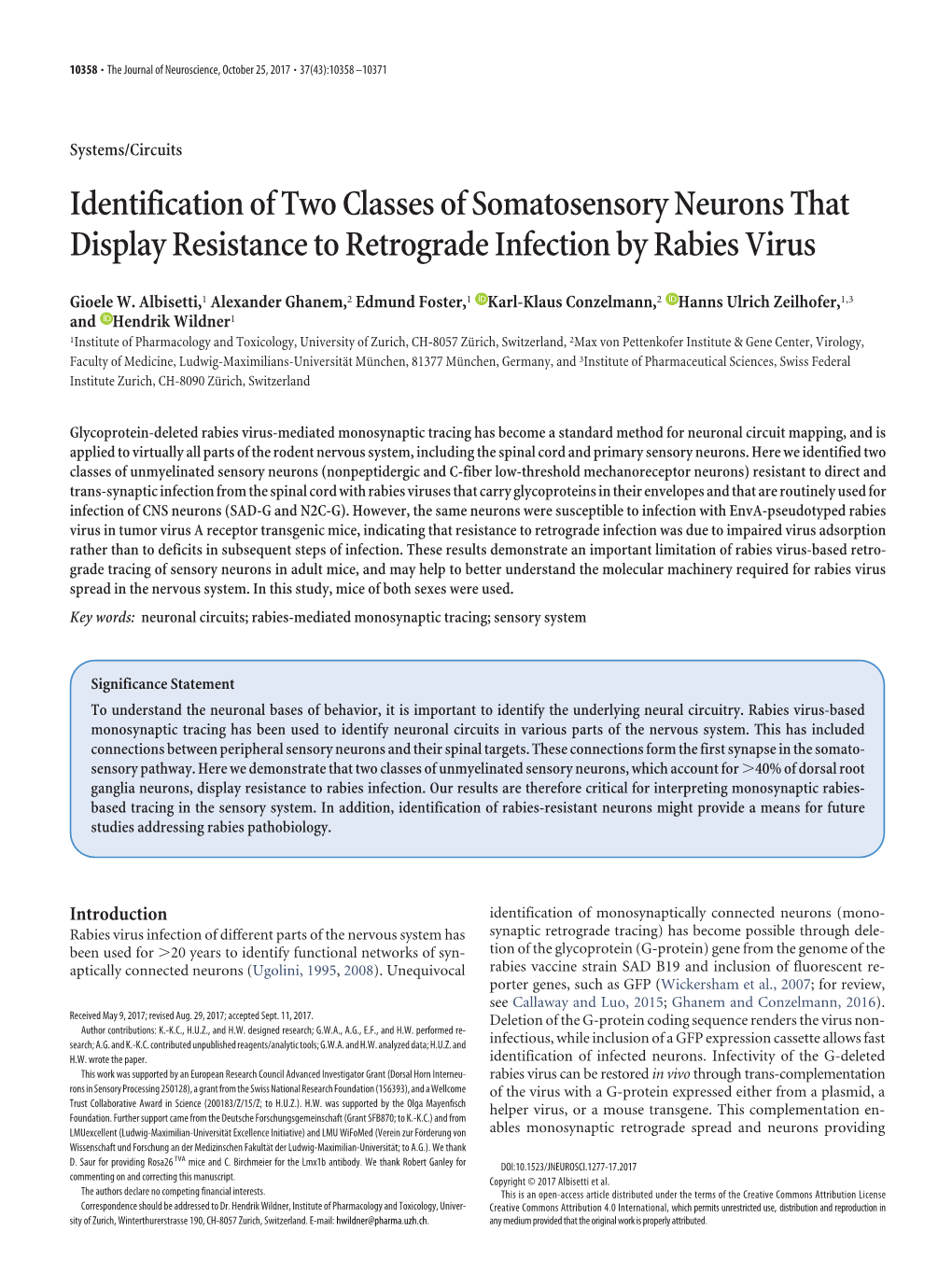 Identification of Two Classes of Somatosensory Neurons That Display Resistance to Retrograde Infection by Rabies Virus