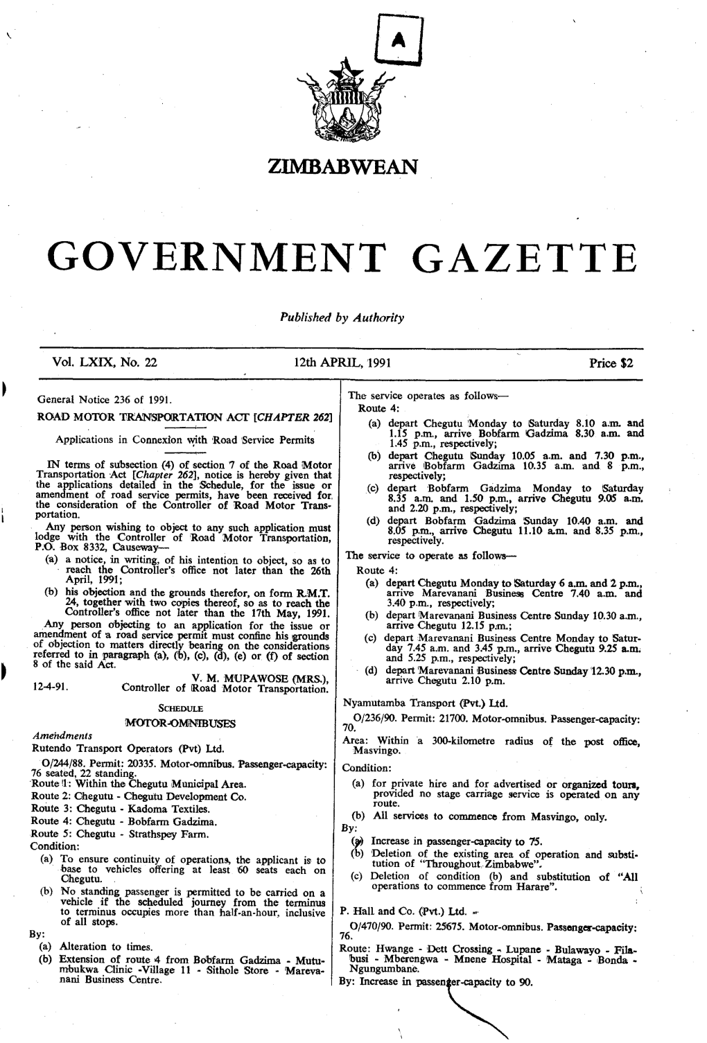 Zimbabwean Government Gazette, 12Th April, 1991