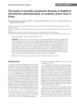 The Extent of Clonality and Genetic Diversity in Sagittaria Lichuanensis (Alismataceae), an Endemic Marsh Herb in China
