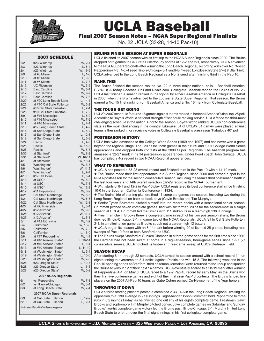 UCLA Baseball Final 2007 Season Notes – NCAA Super Regional Finalists No