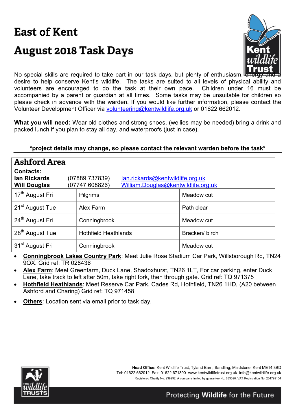 No Special Skills Are Required to Take Part in Our Task Days, but Plenty of Enthusiasm, Energy and a Desire to Help Conserve Kent’S Wildlife