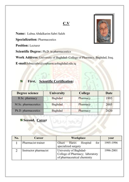 Pharmaceutics Position: Lecturer First, Scientific Certification: Date