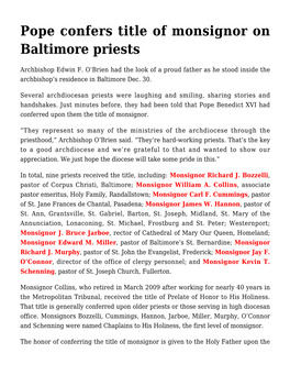 Pope Confers Title of Monsignor on Baltimore Priests