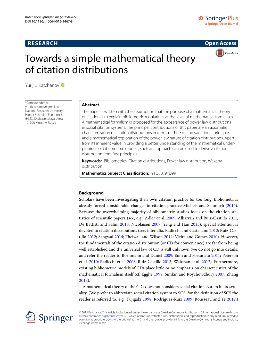 Towards a Simple Mathematical Theory of Citation Distributions