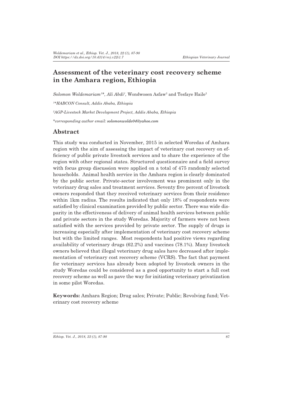 Assessment of the Veterinary Cost Recovery Scheme in the Amhara Region, Ethiopia