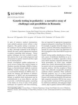 Genetic Testing in Pediatrics - a Narrative Essay of Challenges and Possibilities in Romania Carmen Duicu*