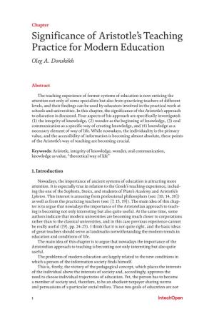 Significance of Aristotle's Teaching Practice for Modern Education