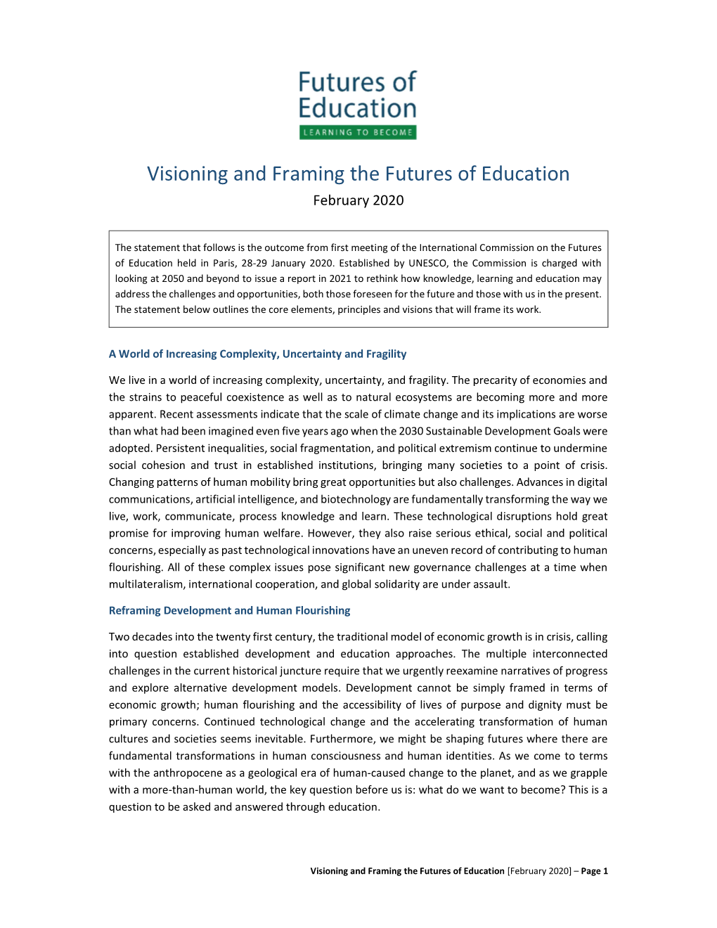 Visioning and Framing the Futures of Education February 2020