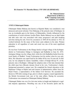 BA Semester VI- Maratha History 1707-1818 AD (HISKB 602) Dr. Mukesh