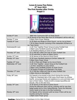 Lonan & Laxey Pew Notes 6Th June 2021 the First Sunday After Trinity