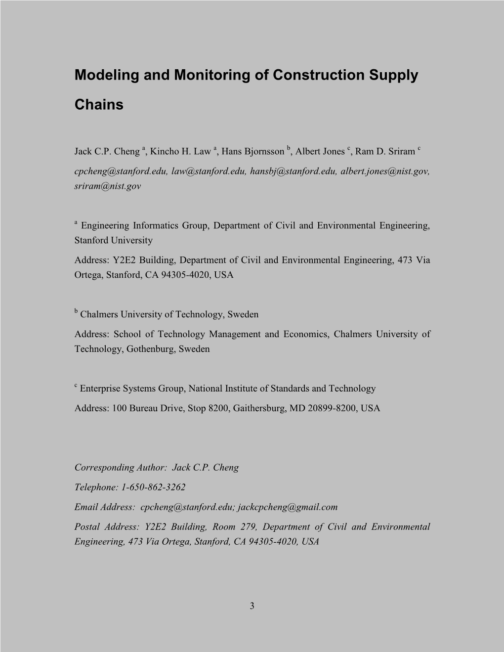 Modeling and Monitoring of Construction Supply Chains