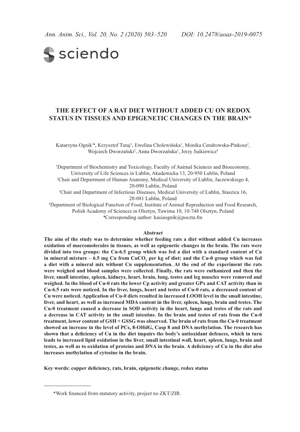 The Effect of a Rat Diet Without Added Cu on Redox Status in Tissues and Epigenetic Changes in the Brain* *