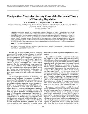 Florigen Goes Molecular: Seventy Years of the Hormonal Theory of Flowering Regulation N