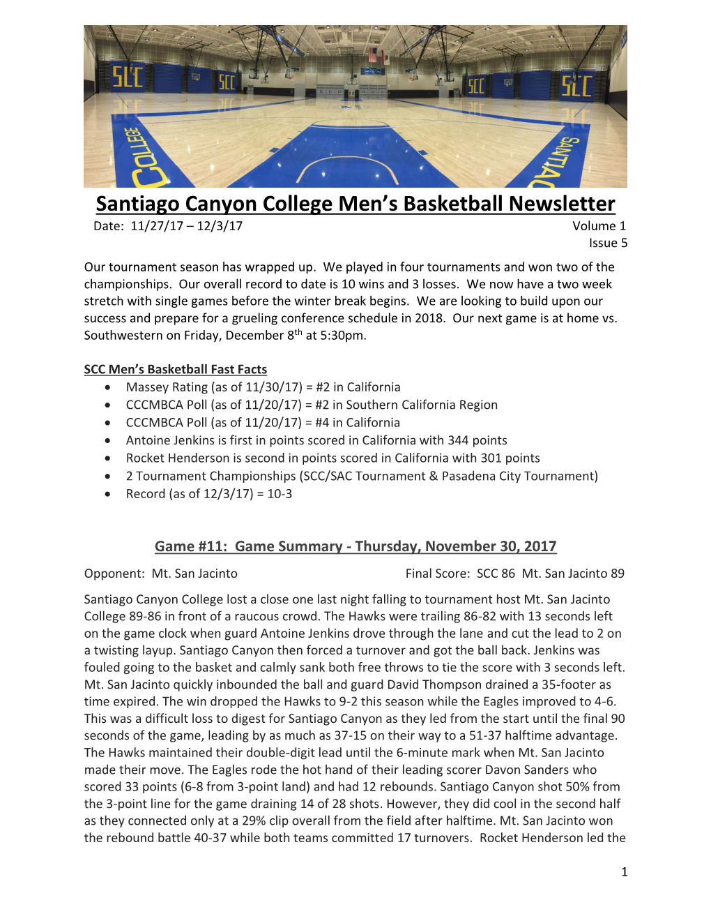 Santiago Canyon College Men's Basketball Newsletter