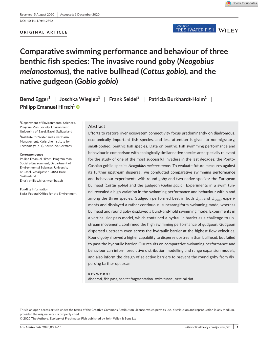 Comparative Swimming Performance and Behaviour of Three Benthic Fish
