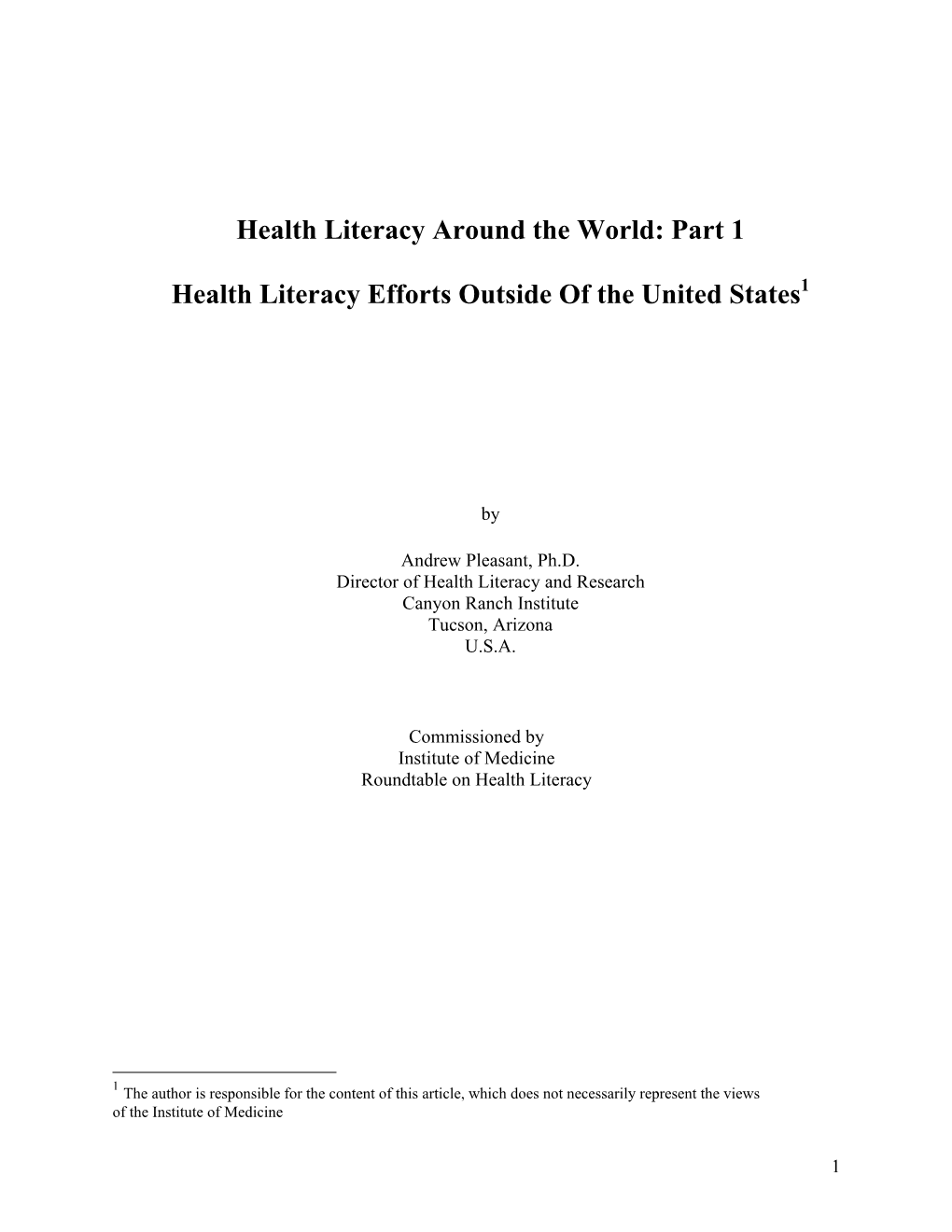 Health Literacy Around the World: Part 1 Health Literacy Efforts Outside Of