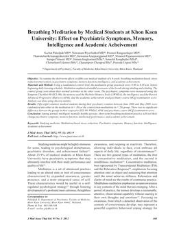 Breathing Meditation by Medical Students at Khon Kaen University: Effect on Psychiatric Symptoms, Memory, Intelligence and Academic Acheivement