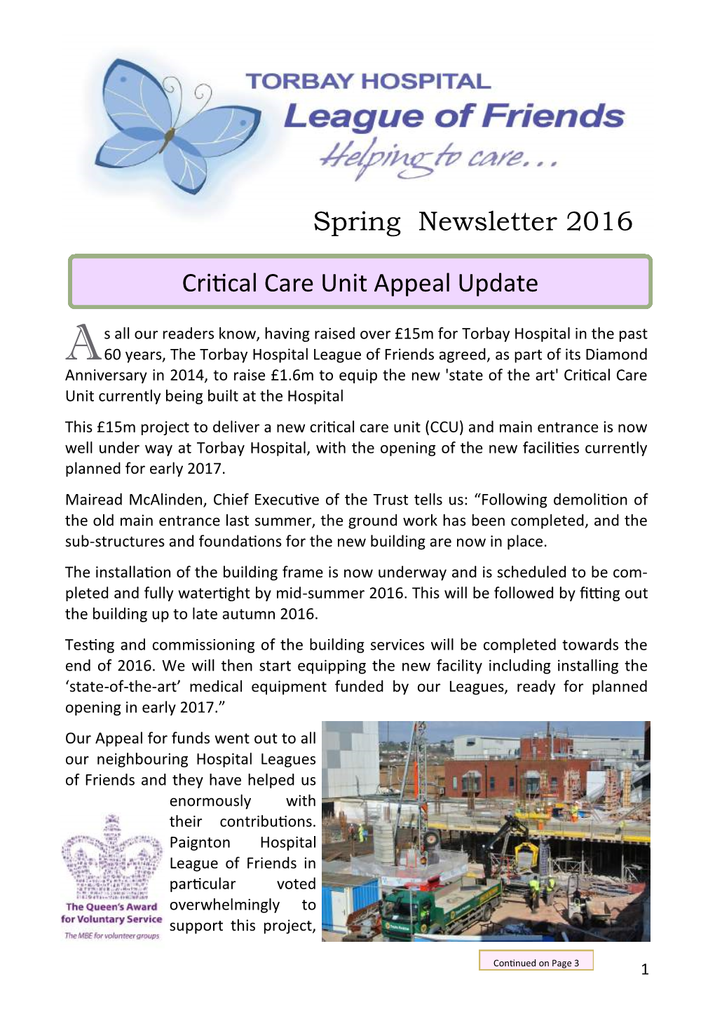 Spring Newsletter 2016 Critical Care Unit Appeal Update