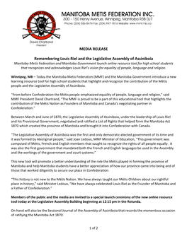 MEDIA RELEASE Remembering Louis Riel and the Legislative