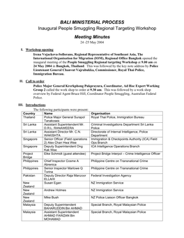 BALI MINISTERIAL PROCESS Inaugural People Smuggling Regional Targeting Workshop Meeting Minutes 24 -25 May 2004