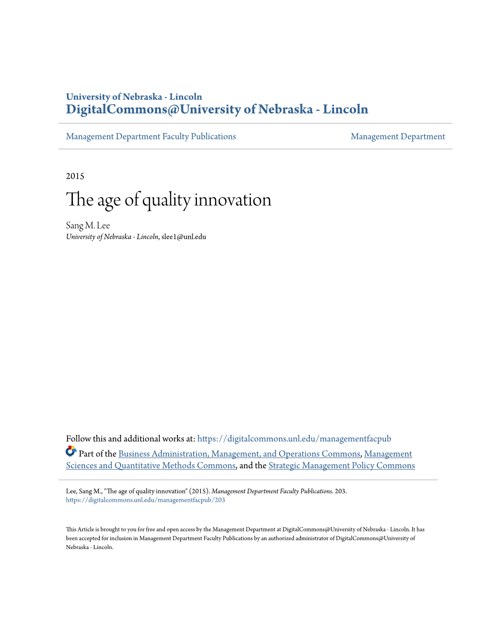 The Age of Quality Innovation Sang M Lee