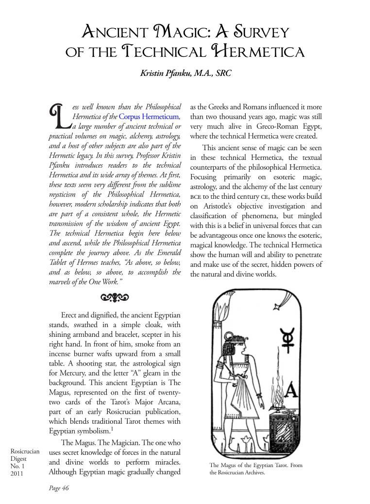 Ancient Magic: a Survey of the Technical Hermetica Kristin Pfanku, M.A., SRC