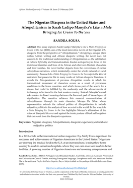 The Nigerian Diaspora in the United States and Afropolitanism in Sarah Ladipo Manyika’S Like a Mule Bringing Ice Cream to the Sun