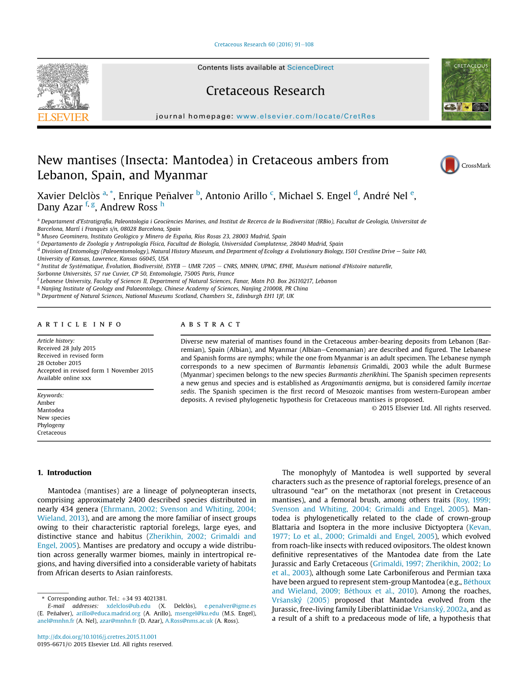 New Mantises (Insecta: Mantodea) in Cretaceous Ambers from Lebanon, Spain, and Myanmar