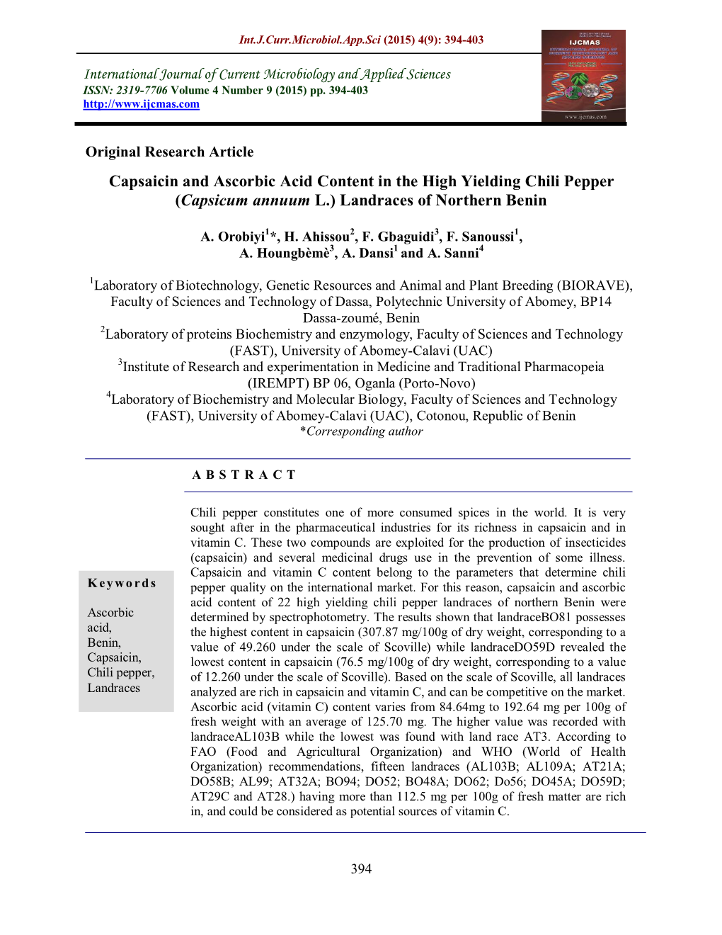 Capsaicin and Ascorbic Acid Content in the High Yielding Chili Pepper (Capsicum Annuum L.) Landraces of Northern Benin