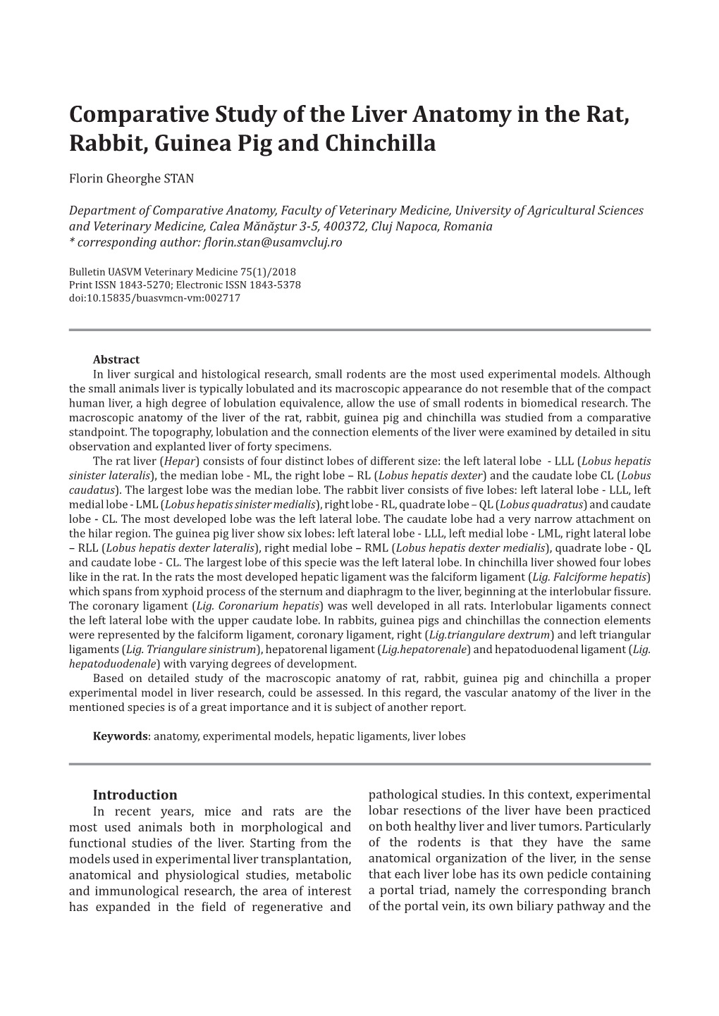 Comparative Study of the Liver Anatomy in the Rat, Rabbit, Guinea Pig and Chinchilla