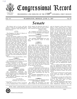 Congressional Record United States Th of America PROCEEDINGS and DEBATES of the 110 CONGRESS, FIRST SESSION