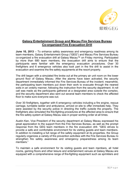 Galaxy Entertainment Group and Macau Fire Services Bureau Co-Organized Fire Evacuation Drill