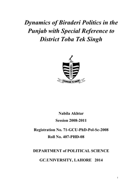 Dynamics of Biraderi Politics in the Punjab with Special Reference to District Toba Tek Singh