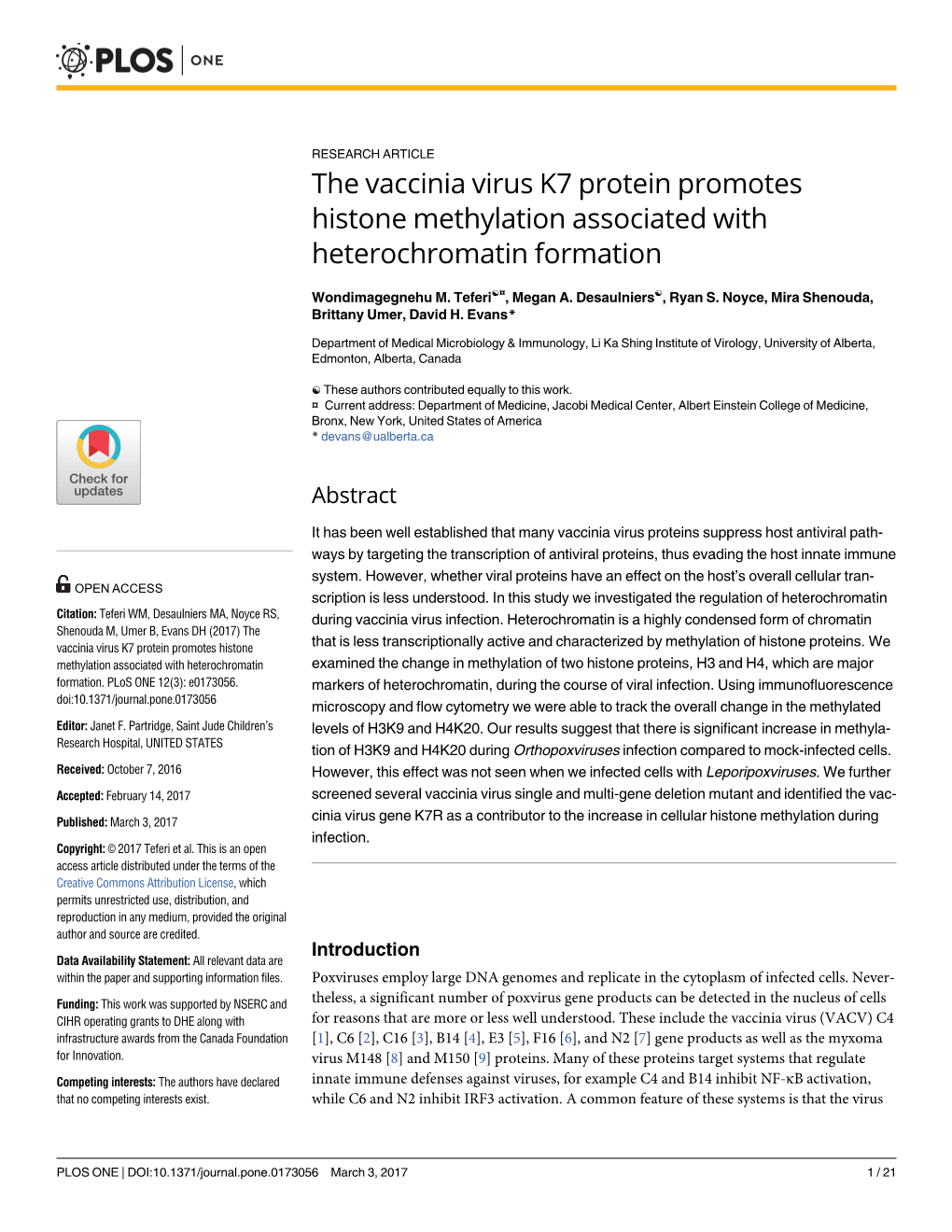 The Vaccinia Virus K7 Protein Promotes Histone Methylation Associated with Heterochromatin Formation