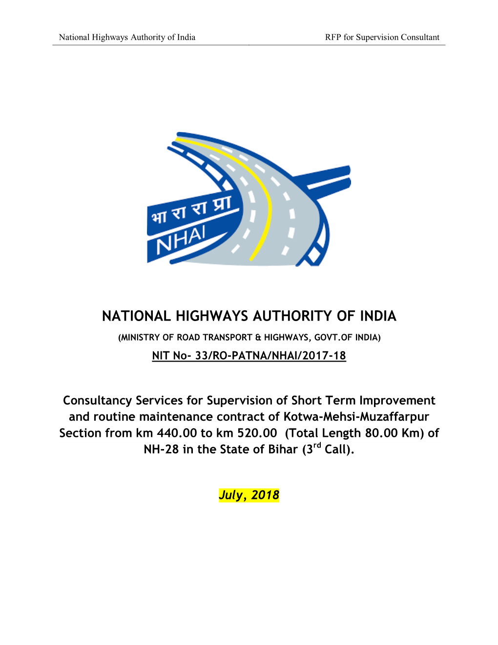 National Highways Authority of India RFP for Supervision Consultant